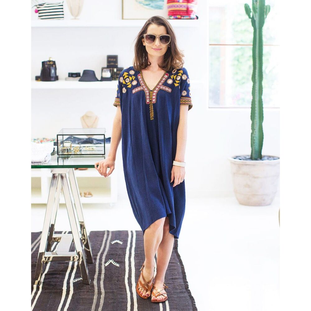 Ulla Johnson Silk Embroidered Tunic Dress 6 Boho Artisan Resort Caftan Chic Navy